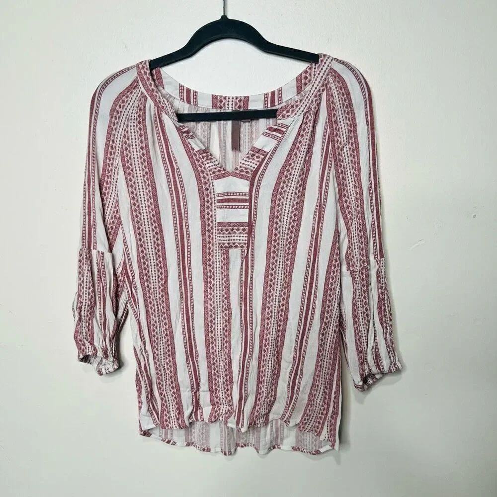 Brina & Em Brick Red White Boho Peasant Shirt 3/4 Sleeve Sz M